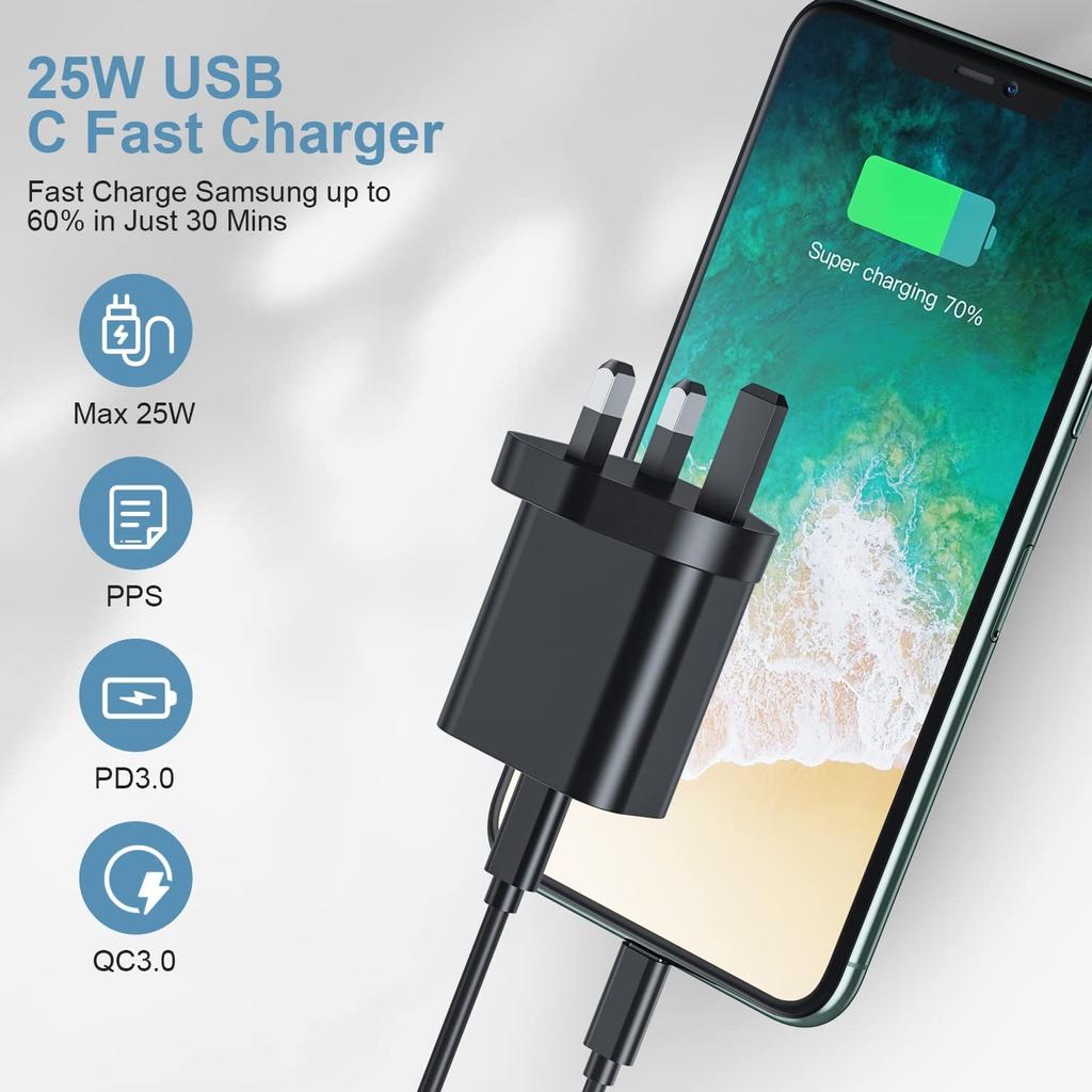 25W USB C Fast Charger Adapter
With 1m Cable for Samsung Galaxy S22/S22+/S21/S21+/S21 Ultra/S20/S10/S9/S8/Note20/20 Ultra/Note10/10+/S9/S8/S10e, iPad Pro