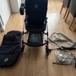 Bugaboo bee pushchair with accessories 
used only occasionally in excellent condition
With lots of extras including footmuth, cupholder, 
Umbrella, extra hood in different colour(beige)
And rain cover not from bugaboo that fits perfectly i’m throwing this as an extra
Everything cost me over£1000