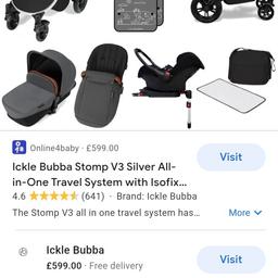 Ickle bubba travel system for sale. Everything that can be seen in the picture is there apart from the bag as I do still use this and has damaged. Car seat and carry cot are like new. the frame has generally wear and tear from getting in and out of the car. I will deliver local within 5 miles for free.