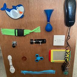 Busy board for toddlers, I made it for my son who no longer uses it only thing missing is the led light but can b brought from the pound shop that’s where I got one from. Free to anyone who can collect and will get some use out of it