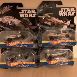 4 X Hot Wheels Character Car ships by Mattel

Boba Fett’s Slave 1
X-Wing Fighter
Millennium Falcon
TIE Fighter

All unopened and still in original boxes
Collection available
Any questions or queries then please ask
Thanks for looking and please view my other ads.
Postage to UK only.