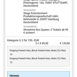 verkaufe hier 2 Musical Karten für das Musical Aladin in Stuttgart am 03.09.2022 um 14.30uhr

Bei Interesse bitte melden.