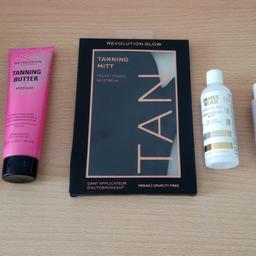 Brand new items in excellent condition
No returns or refund
Cash on collection

Can deliver if you live local

1x Tanning mitt
1x James read gradual tan sleep mask tan body 100ml
1x Leaf & Seed smooth start bond reconstruct shampoo 50ml
1x St Tropez Self Tan Purity Bronzing Water 14 ml
1x Revolution tanning butter medium 150ml
1x Revolution whipped tanning mousse medium 200ml