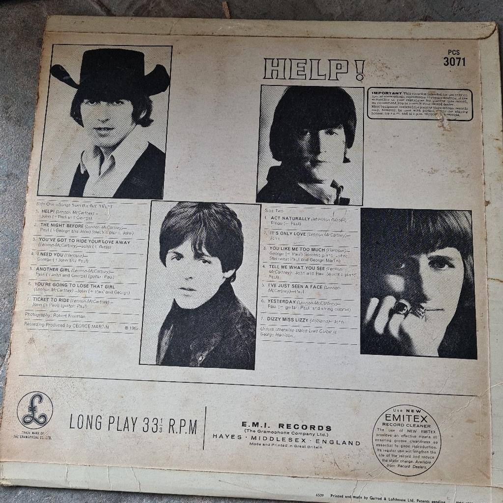 THE BEATLES Help ! Parlophone PCS 3071 Classic 1965 album - Rare STEREO copy.

THE BEATLES Help ! Parlophone PCS 3071 Classic 1965 album - Rare STEREO copy

Black / Yellow label STEREO pressing from 1965  Sleeve is lovely - a few minor age related creases - name on rear. Record  has some wear - nothing serious - and a sticker mark one side.

Matrix: YEX 168 1 / YEX 169 1

Tracklist

A1 Help!

A2 The Night Before

A3 You've Got To Hide Your Love Away

A4 I Need You

A5 Another Girl

A6 You're Going To Lose That Girl

A7 Ticket To Ride

B1 Act Naturally

B2 It's Only Love

B3 You Like Me Too Much

B4 Tell Me What You See

B5 I've Just Seen A Face

B6 Yesterday

B7 Dizzy Miss Lizzy

Condition is used, not played on a player, so please bid accordingly

Collection or postage using recorded and insured delivery