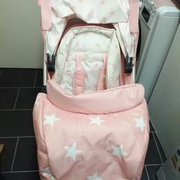 Gorgeous pink with stars design My Babiie 3 in one travel system. Comes complete with car seat, moses basket and stroller attachments which can all be attached to the metal base. Car seat can be secured in car by using 3 point harness system. Also comes with 2 raincovers for the car seat when attached to buggy base and cover for stroller attachment. Although used the buggy is still in good condition. Also comes with cup holder which attaches to the buggy also. Comes with footmuff for both stroller and moses basket attachments. Slight staining to the mattress cover for moses basket but can easily be washed, need a quick sale as need space.