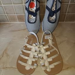 LOVELY CREAM SANDLES AND BLUE STRIPED PUMPS FIT FOR ANY PRINCESS
 LOOK AT PHOTOS TO SEE BRAND NEW.