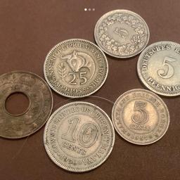 6 issued coins,
British West Africa 1/10 penny 1952(rare)
Malaya 10 cents 1950(rare)
Cyprus 25 mils 1955
Germany 5 pfennig 1894
Borneo 5 cents 1957(rare)
Switzerland 5 rappen 1948
Priced for all. PayPal accepted.