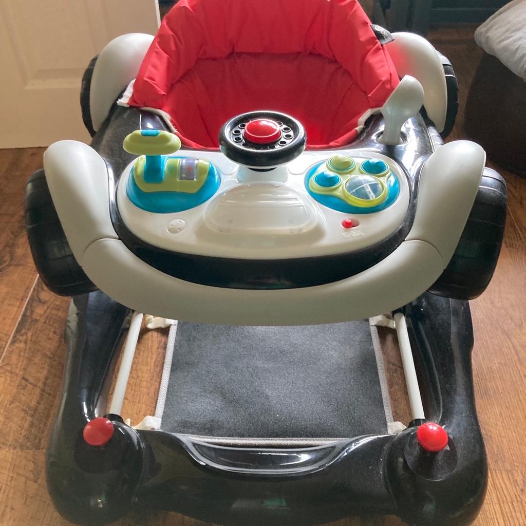 This car walker, comes with a steering wheel to turn and a horn to honk, baby can drive along. With 3 height adjustments to accommodate those growing legs and handily folds flat for storage. Removable extra soft padded seat to support baby while they play and move around. Quickly and easily converts to a rocker with supportive foot pad for rocking made for extra static play time. Only used a handful of times, son too big for it now. Retail price £94