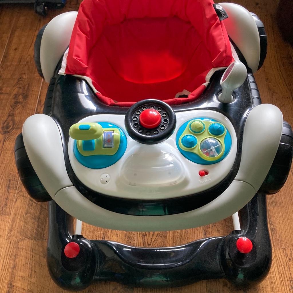 This car walker, comes with a steering wheel to turn and a horn to honk, baby can drive along. With 3 height adjustments to accommodate those growing legs and handily folds flat for storage. Removable extra soft padded seat to support baby while they play and move around. Quickly and easily converts to a rocker with supportive foot pad for rocking made for extra static play time. Only used a handful of times, son too big for it now. Retail price £94