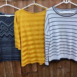 Hi all,
3 ladies tops.
1) black, white & grey patterned top, sleeveless, by New Look, size 12.
2) yellow/orange striped pattern, 3/4 sleeves, by F&F, size 12.
3) cream with grey striped jumper, long sleeves, by Next.
All in great condition.
A give away price,
Postage £4.50
Thanks for looking.