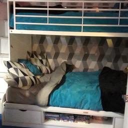 Full size sturdy bunk bed with double at bottom and single at top, storage in each step. Some scratches and general signs of wear and tear nothing that effects use. Mattress’s not included.