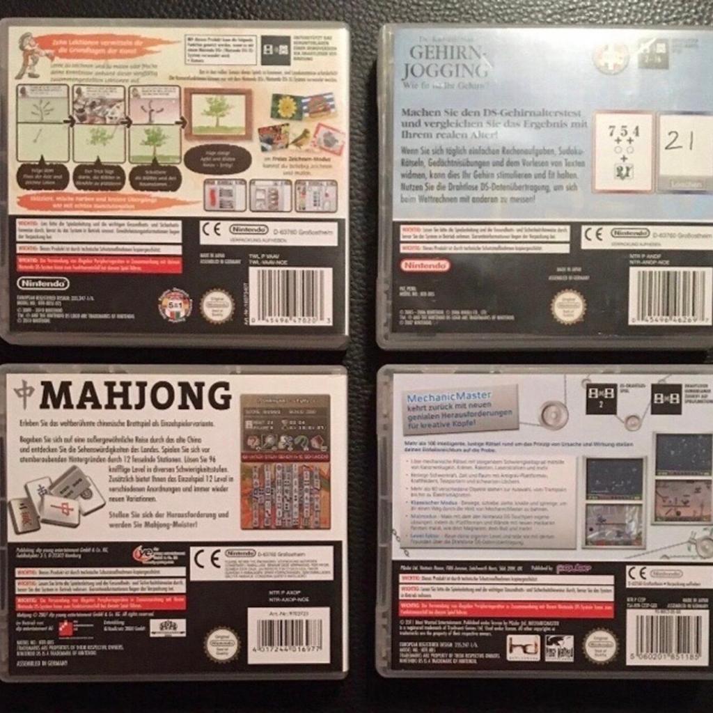 Biete hier folgende Nintendo DS Spiele an:

-Art Academy
-Dr. Kawashimas Gehirn-Jogging - Wie fit ist Ihr Gehirn?
-Mahjong
-Mechanic Master 2
-Don King Boxing

Je Spiel 5,-€
Set: 20,-€

Gebraucht / guter Zustand