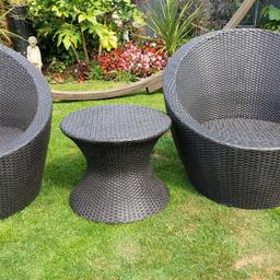 2 garden chairs with table 
bistro style set, stacks together for easy storage . Good condition just needs a clean