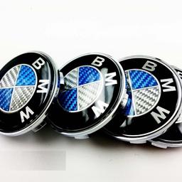 4x BMW Blue Carbon Alloy Wheel Centre Caps