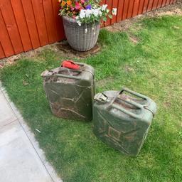 2 Jerry cans, 1 pouring spout, not used for a while, minor marks to outer paint, 20 litre capacity each, collection only