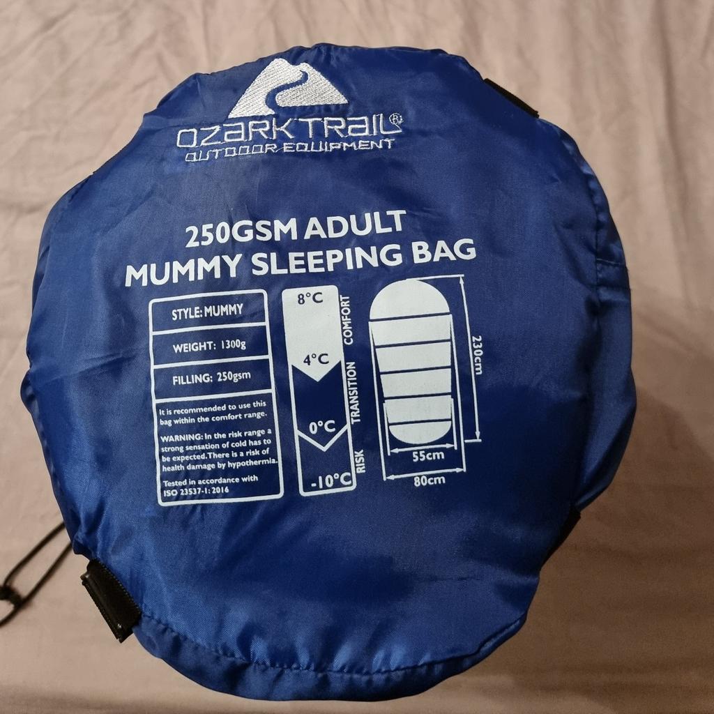 Product description

Made with super-soft lining, this 250gsm sleeping bag features a drawstring hood and comes with a compression bag.

• Blue

• 250gsm

• Super-soft lining

• Drawstring hood

• Includes compression bag

• Fire retardant

• Machine washable

• W 80cm (shoulder) / 55cm (foot) x D 230cm

ColourBlue

Care InstructionsShake into shape to re-align any misplaced filing. Always ensure your sleeping bag is dry before storing away.

Instructions for use:Temperature range: Comfort 8℃ to 4℃. Transition 4℃ to 0℃.Risk 0℃ to -10℃.These temperatures are a guideline only and care should be given to specific environmental conditions and location when in use. It is strongly recommended to only use the product in temperatures within the stated comfort range. Tested in accordance with ISO 23537-1:2016

Colour FamilyBlues

Dimensions (WxDxH in cm)W 80 cm x D 230 cm

MaterialShell fabric: 63D/190T water resistant cire Polyester Lining fabric: 63D/190T water resistant Polyester Fill