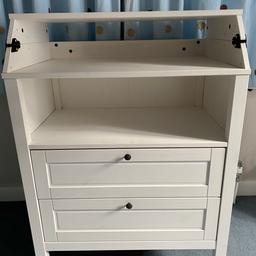 White IKEA changing table from SUNDVIK range. In good condition just a few marks on the top as shown in pictures. Can disassemble ready for collection and still have assembly instructions. Still sold at ikea for £179. Dimensions as per ikea website screenshot