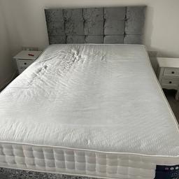 Double Bed with Headboard, with mattress.
Mattress is pocket double with 10 years warranty
Only bought it January
Very good condition. Also comes with a matching side ottoman
Material: satin
Colour: silver
Width: 137 cm
Length: 192 cm
Height: 40 cm
Headboard: 70×138 cm

Collection only from wv10