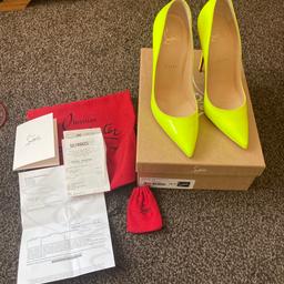 Christian louboutin heels brought from London Oxford street
Luminous yellow/green red bottem
Excellent condition like new worn literally two times.
Bottoms are still in superb condition
They are a 38.5 which is 5.5 uk size
 Not looking for quick sale so no silly offers but open to sensible ones.
Any questions or if more pics feel free to ask comes with receipt all all dust bags.