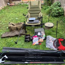 Korum S23 Deluxe Chair and cover
Korum accessories, feeder arm, butt rest & ground bait bowl.
2 x Korum screw in bank sticks
Trakker hold-all
Korum weigh sling
Ruben heatin MK2 scales.
Guru hooklength boxes
Fox deluxe double sided tackle box, loaded with accessories. Feeders, hooks, swivels, shot.
Daiwa bait tubs
Fox bait tub
Guru & Daiwa tournament landing net heads.
Daiwa N’zon LT6000ssp reel
Daiwa TDM3012 QD reel
Matt hates Banshee all round rod
Greys Prodigy TXL specimen 12’ 1.25lb rod
Greys Prodigy TXL specimen 12’ 1.75lb rod
Greys Prodigy TXL specialist 12’ feeder rod
Greys prodigy TXL specialist 13’ float rod
Browning 4m landing net handle

Most of the items were not brought this year and are in excellent condition, some of the Greys rods have never been used and they all have life time guarantee.

£600 ovno.

I will not sell separately.