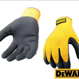 Brand new and factory sealed The DEWALT DPG70L rubber grip gloves are for use in general assembly, material handling and general construction. The rubber coating provides superior abrasion resistance and the textured palm is for extra grip in wet or dry condictions. Comes with a breathable knit back for a comfortable fit in hot weather and ergonomically designed for superior fit and feel.