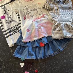 Autumn clothes bundle in excellent condition
I M&S sparkly cat sweat shirt very soft
I Candy Contour dress soft material looks good with boots.
1 white Paris t shirt
I Next very pretty white cream pink top with two bow and sequin detail
1 blue rah rah skirt
All in excellent condition
Can be bought individually for £3 each
Or £10 for everything