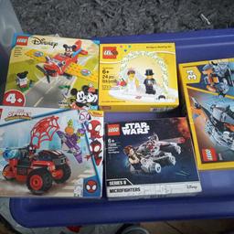 Lego Mickey mouse"s propeller plane -10772 sealed £10.00
spider man techno trike sealed -10781 £10.00
wedding set -built once all parts complete £15.00
millennium falcon  microfighter sealed £9.00
3 in 1  31111 sealed £6.00