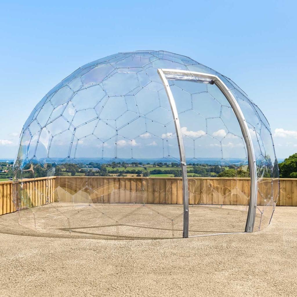 Harrier Backyard Dome Specifications

What You Get:

Over 100x hexagonal polycarbonate panels
Milled aluminum door frame
Roll-up PVC door with zip
Ground anchors
All necessary fixings for assembly
Easy to follow instructions
Dimensions:

3.6m D x 2.3m H | 12ft D x 7.5ft H - bottom diameter is 3.4m (11ft)
Total Space: 9.8m² | 105ft²
Door Size: 74cm W x 180cm H | 29in W x 71in H
Total Weight: 100kg | 220lbs
Materials:

3mm Polycarbonate Panels - fire & thermal resistant (tested between -20°C to + 100°C | -4°F to +212°F)
Panels are 200x more impact-resistant than glass
Polycarbonate is 100% waterproof & double-sided UV protected
Door frame: Milled aluminum - resistant to rust & corrosion
Roll-Down Door: PVC with metal zip
Miscellaneous:

Garden dome can be left outside in all weather conditions
Suitable for any flat surface
Door width ensures wheelchair accessibility
Assembly process takes 4-6 hours (2 people required) - instructions included
Can be moved once assembled-recommend 4-6 pple