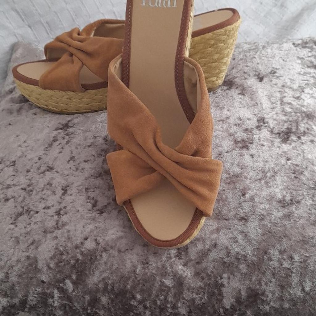 Brand new Tan Real Suede Hessian Faith wedges not too high size 5 more like a size 4 collection Halewood L26