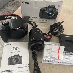 Canon EOS 1300D digital camera 

Like new. Only been used a couple of times. 
Shame to be kept in a cupboard and not used, hence the sale. 

Details;

Digital Camera EOS 1300D
Zoom Lens
EF-S 18-55mm f/3.5-5.6 IS Il
Shoulder strap
Battery Charger
Battery Pack

Comes with box as new. 
Proof of purchase also available
Can be seen working.