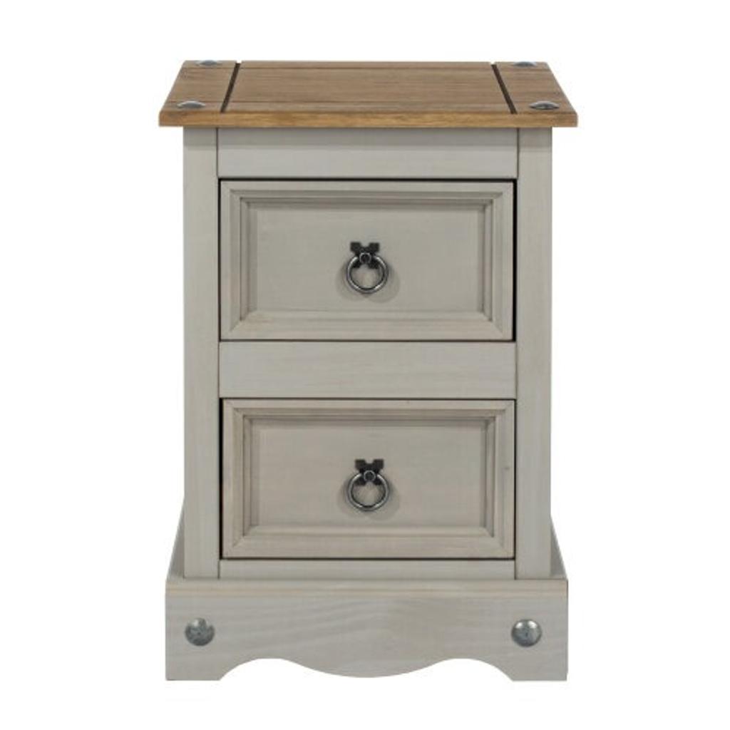 2-Drawer Bedside Cabinet in solid wood
Rustic style
Two-tone: soft grey, plus in waxed natural wood top
Inset grooved top
2 drawers
Chunky legs
Metal ring handles
Metal corner bolts
Dimensions: Size: H53.1 x W36 x D32 cm
Features

Colour: Grey
Material: Wood
Number of Drawers: 2