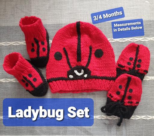 Buy & Sell West Midlands Solihull - Photos for 3/4 M Ladybug Hat Mitts Booties HAND KNIT