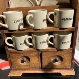 6 expresso cups and saucers on wooden set with 2 drawers