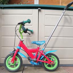 This bright colour Mothercare pedal bike is the only 10 inch wheel one I could find at the time for my daughter when she finished using her small balance bike. Selling because we have now upgraded to a bigger pedal bike.
Been used lots, so see all pics. Comes with parent handlebar (removable) that we used at first for a while to aid child, keeping the bike upright, also turns handle bars! 
Has working brakes. 
Has cosmetic flaws as used by a small child. 
(Did also come with stabilisers but we didn't use them so now I can't find them)

Collection only from WV11 area