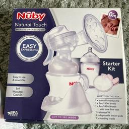 Nuby breast pump starter kit includes pump, bottles with teats, breast pads.  Used once as good as new.  sat in storage.
Free to anyone that can make use of it. Collection only