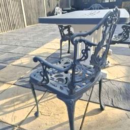 Beautiful metal garden chairs in grey. Sturdy and will last a lifetime. You can tell from the weight they are quality made chairs and will look beautiful in any garden environment. Wrought Iron.

I will sell them for £30 each or all 4 for £110. I will also consider selling a set of 2 but will not sell 1 on its own. 

I can sell the table for an additional £20

collection only