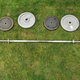 Weights and bar set with locking nuts. 50kg of weights. Cast Iron, not cheap vinyll.Collection only, Swinton S64