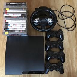 Complete ps3 bundle with 16 games and 4 controllers
Fully working
Excellent condition
Boxed
HDMI cables
Controller wires included
Power lead