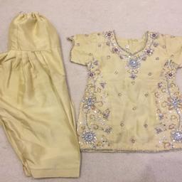 both worn once for a few hours £10 FOR BOTH
SHOULD FIT BABY GIRL AGE 18 MONTHS TO 2.5 YEARS
gold is from bombay stores - 3 piece comes with scarf
fully lined excellent comfy outfit cost £35

blue silver sequins shalwar kameez for little girl SUITABLE FOR 2/3 YEARS 
bargain

