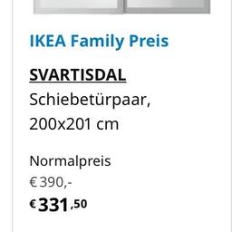 Verkaufe 1 Schiebetürenpaar für den Ikea Schrank PAX, passt für den niederen Kasten mit 201 cm Höhe - grau - transparent- weis - durchsichtig - silber - dürfte die Ausführung Svartisdal (siehe bild) sein und ca 390€ neu kosten - leichte Gebrauchsspuren - bessere Bilder folgen :) - Auslaufmodel - Bildquelle Ikea.com

In st gerold oder Feldkirch abzuholen - Mengenrabatt möglich, schaut auf meinem Account vorbei :)