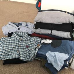 A selection of boys clothing- some worn well others barely worn at all 
Includes- 
Shirts and cords
Jacket
Jumpers/hoodies
Short and long sleeved T-shirt’s 
Joggers
Vests/pants
Shorts 

Mostly Next and George clothing