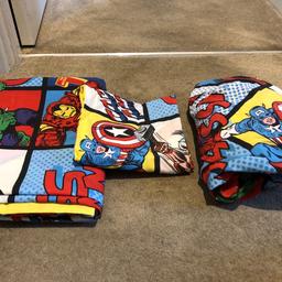 SuperHero curtains, ceiling/lamp shade, duvet cover pillow case and fitted sheet (cot bed size) . Curtains and shade practically brand new . Curtain size 66x72