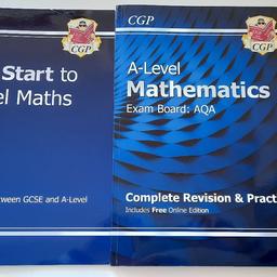 CGP Head Start to A-Level Maths - this book bridges the gap between GCSE & A-Level - retail price £5.95.

CGP A-Level Mathematics: Complete Revision & Practice for AQA Exam board - retail price £19.99.

Both books in excellent condition