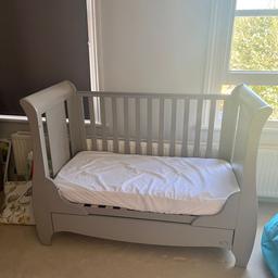 Tutti baby cot was £300 hoping I can help someone in need. Tutti Bambini cot and mattress. Here’s the actual one: 

https://www.tuttibambini.com/roma-space-saver-sleigh-cot-bed-with-under-bed-drawer-truffle-grey.html

Draw is a little loose but still in great condition.
