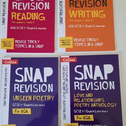Snap revision guides for English Language Reading and Writing for AQA 9-1 grade. RRP £2.99 each.

Snap Revision Guides for English Literature for AQA 9-1 grade in Unseen Poetry and Love and Relationships Poetry Anthology. Excellent condition. Rrp £4.99 each