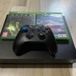 Xbox One X 1TB
Perfect working condition !!
No issues at all !!

CAN BE SEEN WORKING !!

The xbox one X comes with 
1 x Wireless Controller
2 x games
HDMI
Power

CAN BE DELIVERED FOR SMALL FEE !! 

£139 NO OFFERS !!
