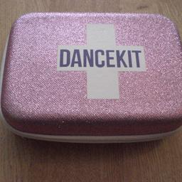 Pink, glittery First Aid Dance Kit, perfect for taking essentials such as needle & thread, plasters, safety pins etc to dance competitions, shows & rehearsals. No contents included, size approx 20cm x 15cm x 7cm when closed. Great condition, from a smoke & pet free home. Discounts available when purchasing multiple items, please get in touch for details.