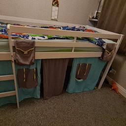 Kids kaycie Midsleeper single frame with underneath tent
Slight wear and tear marks by the ladder can be seen in pics, could be painted.

Length 76inch 6ft4.
Width 3 ft 1 37& half inch.
Height 44inch. 3ft8.

Dismantled ready to go.
Need gone ASAP space needed for new bed.