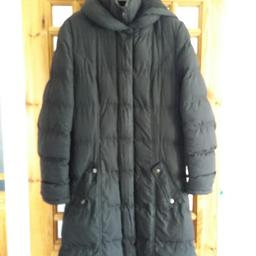 ladies long black padded coat with hood size 12 from F&F.
zip and pressed stud fastening,  really warm and comfortable as fleece lined but no longer fits me.