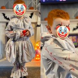 Age 7-9 pennywise Halloween outfit! Paid £25 last year, worn twice. When put in the wash some stitching did come apart under the arms so I’ve sewn back together, not really noticeable my little boy would wear it again this year if it still fit him :)